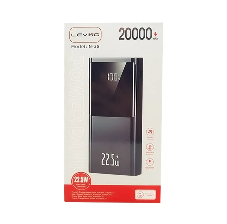 پاوربانک LEVINO مدل N-38 (20000 میلیآمپر، فلزی، فستشارژ، نمایشگر دیجیتال)
